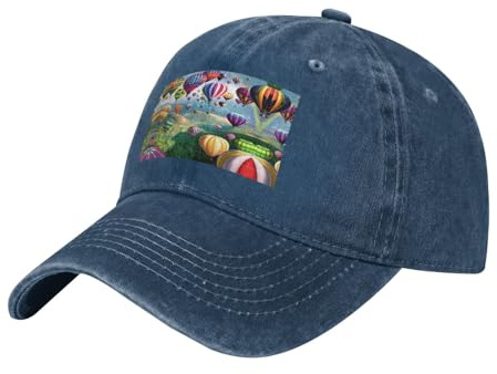 QAZWZML Navy Blue Beautiful hot air Balloon Printed Hip-hop Baseball Cap Washed Denim Baseball Cap Suitable for Travel Hiking and Fitness