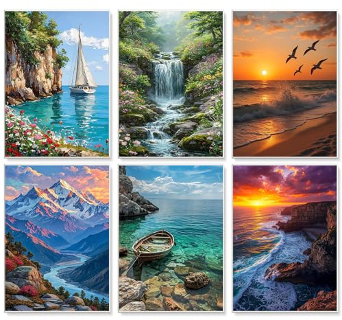 Fountor 6 Pack Landscape Paint by Numbers for Adults Beginner 25x35 CM | Without Frame Canvas, Beach DIY Acrylic Painting by Numbers for Adults, Stress Relief Craft Kits, Home Wall Decor Gift
