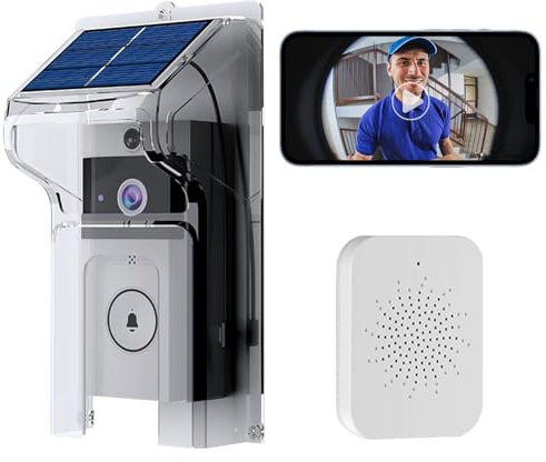 FIRE BULL Sonnette de porte sans fil Wi-Fi avec caméra, sonnette vidéo solaire rechargeable, vision nocturne infrarouge, détection de mouvement PIR, interphone bidirectionnel mains libres, sonnette