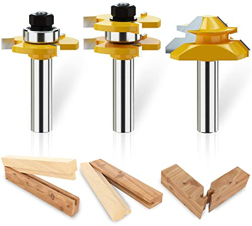 Tongue and Groove Router Bits Tool Set with 1/2 Shank, 3 Teeth T Shape Wood Milling Cutter Woodworking Tool, 45 Degree Lock Miter Router Bit, 3/4 Cutting Height Joint Router Bits