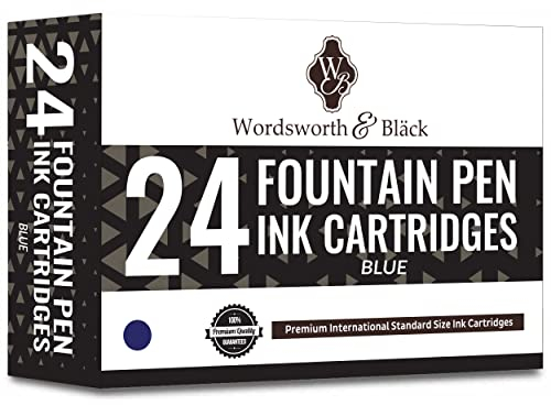 Wordsworth & Black 24 Pack Fountain Pen Ink Refills - Set of 24 Blue Ink Cartridges - International Standard Long Size - Length APPR 2.3 - Base Diameter APPR 0.24 - Disposable and Generic