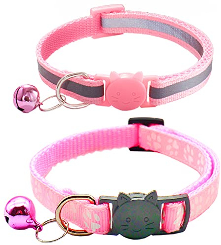 Qinao 2Pack Cat Collars Quick Release Reflective Kitten Collar with Bell & Safety Release (Pink)