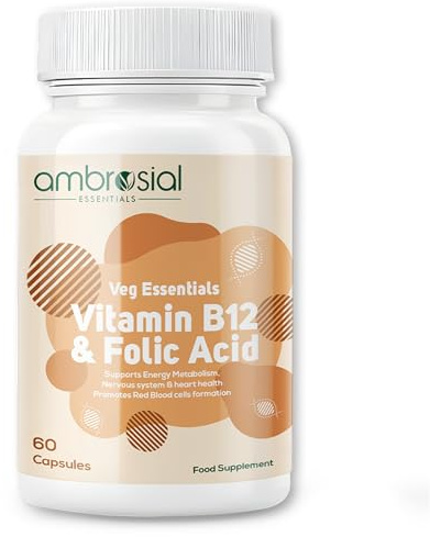 Ambrosial Vitamin B12 1000 mcg (Cyanocobalamin) & Folic Acid Tablets 500 mcg – Dual Formula in One Capsule – B12 Supplement for Women & Men –Vegan, GMP Certified – 60 Capsules (2 Months Supply)