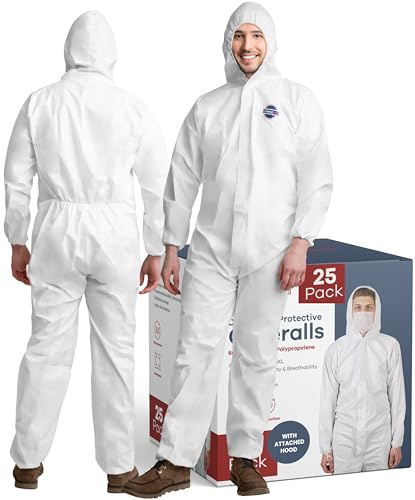 Medical Nation Hazmat Suits Disposable | 25 Pack | With Hood, Heavy Duty, Breathable Disposable Coverall, Painter Suit | Large