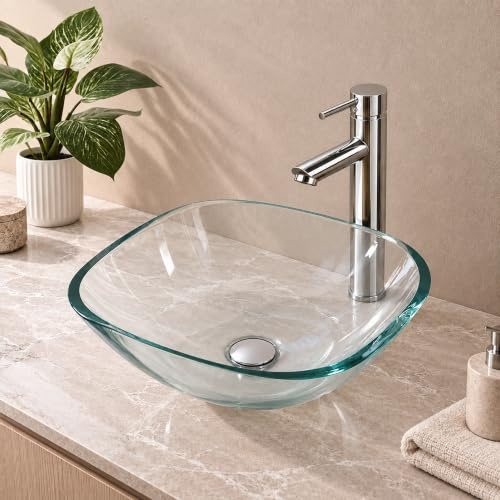 BELOFAY Bathroom Sink – 12mm Thick Tempered Glass Countertop Basin (Clear) | Sink Basin with Mounting Ring, 12mm thick Tempered Glass, Wash basin for Bathroom Vanity or Ensuite, 42D x 42W x 14H cm