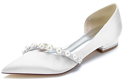 Femmes Perles Ballerines Slip on Bout Pointu Chaussures De Mariage Plates Perle Satin Sandales De Mariée De Soirée,Blanc,41 EU