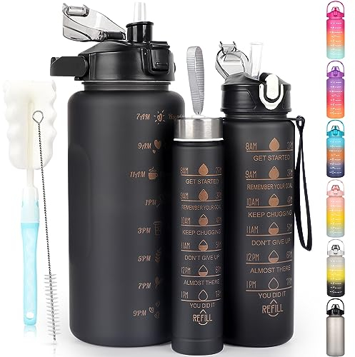 CodiCile 3 Stück Trinkflasche 2L 700ML 300ML, Wasserflasche Auslaufsicher, 2 Litre Trinkflasche mit Strohhalm, BPA Frei Sportflasche mit Zeitmarkierung für Fahrrad, Fitness, Wandern, Outdoor