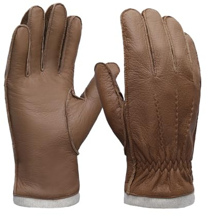 MGGMOKAY Guantes de Piel de Cabra Para Hombre con Pantalla Táctil y Forro de Cachemira,Camello,S