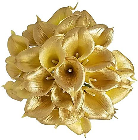 MODUDY 10 Pezzi di Fiori Artificiali di Giglio di Calla, Fiori Artificiali in Lattice Reale al Tocco Fiori Artificiali di Giglio di Calla, Bouquet da Sposa Fai da Te Decorazioni per la Casa(Oro)