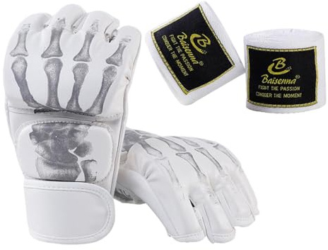 Amagogo Half Finger Boxing Gloves, Boxing Fight Gloves Hand Wrap for Men Women, MMA Gloves Sparring Gloves for Grappling Punching Bag, White Skeleton