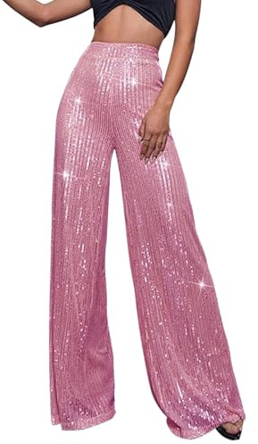 Pantalon à Paillettes Métallique Pour Femme - Long, Taille Haute, Ample - Été, Bureau, Grandes Tailles - Rose, M