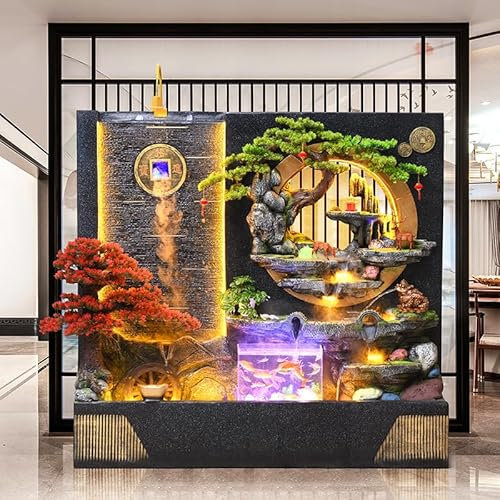 CHYIFSHIY Fuente de cascada para interiores y exteriores de 6 pies con luces LED, fabricante de niebla, esfera de cristal y pecera, construcción de cemento duradera, protección contra la lluvia y los
