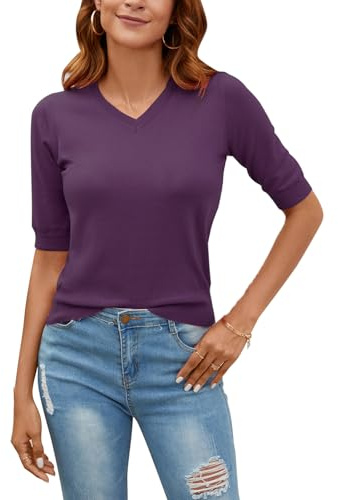 MINTLIMIT Women Summer Sweater Knit Shirt Blouse Short Sleeve Pullover V Neck Tops Jumper