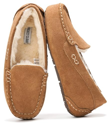 Project Cloud 100% Genuine Leather Slippers for Women - Fur Lined Outdoor Slippers for Women Footwear with Memory Foam - Stylish Womens Moccasin (Cathi, CHSTNUT, 7.5)