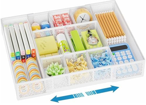 Marbrasse Organisateur Tiroir,Rangement Tiroir Maille avec 10 Compartiments Réglables,Organisateur de Bureau Tiroir Fournitures de Bureau,Maquillage et Articles Ménagers(Blanc)