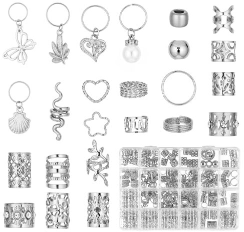 JJUNW 236 Stück Schmuck Haarspiralen Clips, Haarschmuck für Zöpfe, Verstellbar Metallene Haar Geflecht Ringe Manschetten-Clips für Dreadlock-Zubehör für Frauen Männer Zöpfe Dekoration(Silber)