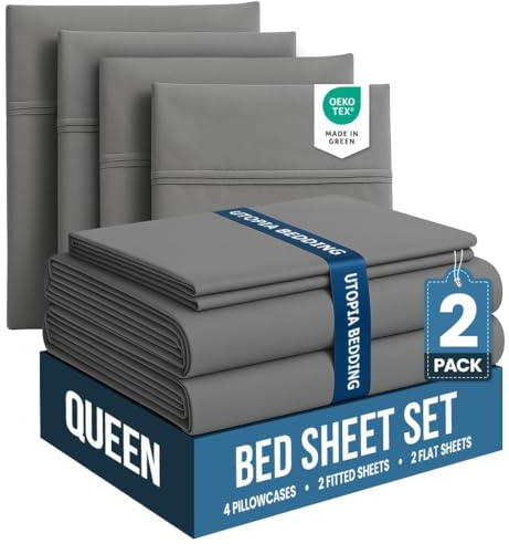 Utopia Bedding Queen-påslakanset, storpack med 2 lakansset, perfekt för spa, hotell och gästrum, borstad mikrofiber, krymp- och ljusbeständig, lättskött, grå