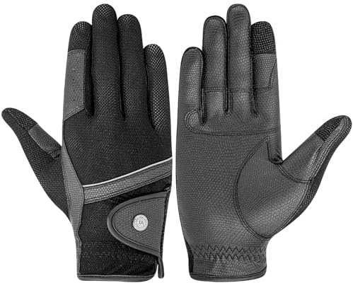JA Horse JA1005 AIRY Reithandschuhe Reiterhandschuhe – Sommerhandschuhe mit Netzmaterial für extra Atmungsaktivität, Komfort, Grip, Schutz & Touchscreen-Kompatibilität Unisex (Schwarz, L)