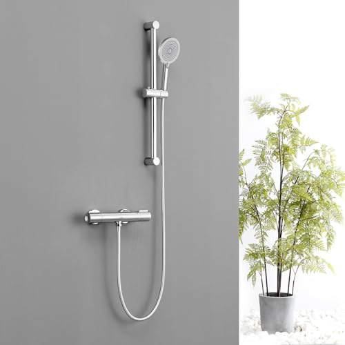 Auralum Columna Ducha con Grifo Ducha Termostatico, Conjunto Barra Ducha de Acero Inoxidable (70cm), Alcachofa(4 Funciones),Inox Manguera(150cm),Soporte, Cromo