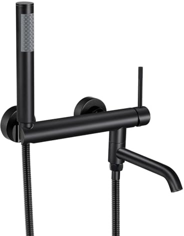 PHASAT Grifo de Bañera con Ducha de Mano Juego de Ducha de Pared Interruptor Giratorio de 90°con Cabezal Grifo de Pared Monomando de Bañera Negro PTBB27E