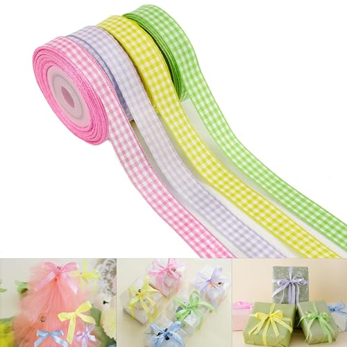 Nastro Pasquale, nastri a scacchi, Nastro in poliestere a quadretti, Nastro Regalo, per artigianato, accessori per capelli, confezioni regalo e decorazioni per feste (4PCS)