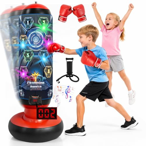 Kids Punching Bag with Gloves & Pump, Inflatable Boxing Set Electronic Boxing Bag with Music & Lights, Freestanding Martial Arts Toy with 4 Smart Game Modes, Birthday Gift for Boys and Girls Ages 4-12