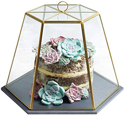 Artesà Geometrische Tortenglocke aus Glas, Käseglocke mit Deckel, Servierbrett aus Schiefer, 31 x 27,5 x 25cm, Messing-Effekt, Klar