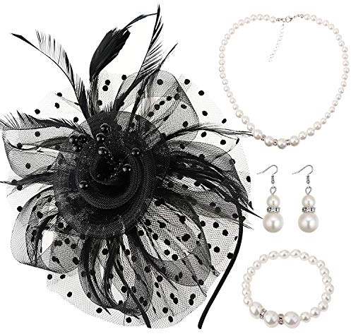 DRESHOW Fascinators Hat Tea Party Headwear Ribbons Feathers on a Headband and a Clip for Girls and Women