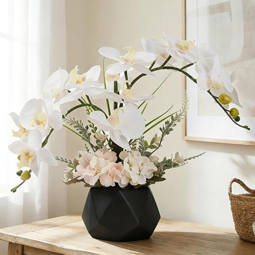 LESING Artificial Potted Orchid Flower for Table Centerpieces,Real Touch White Fake Orchid Flowers in Vase for Home Decoration (Style 2,Black Vase)