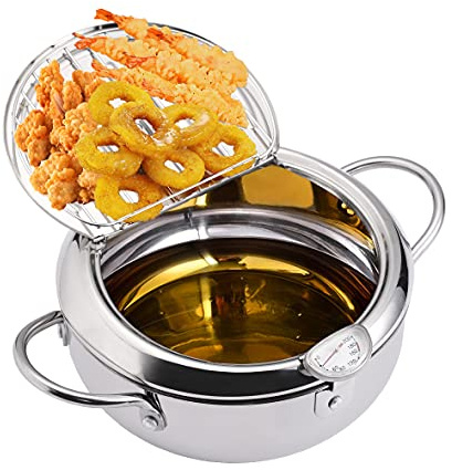 EAMATE Tempura Fry Pot, Stainless Steel Tempura Deep Fryer with Thermometer, 8 Inches, Mini Size Perfect for 2-3 People