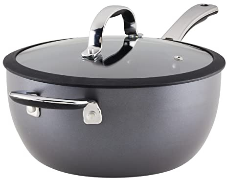 Rachael Ray Cook + Create Hard Anodized Nonstick Saucier Pan/Saucepan with Lid and Helper Handle, 4.5 Quart - Black