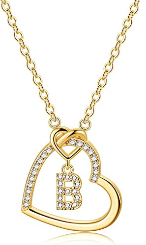 LIHELEI Collar para Mujer, S925 Plata A-Z - Colgante Inicial de Nombre con Piedras de Circonita de Corazón Collar para Mamá, Novia, Cumpleaños Navidad Aniversario día de San Valentín Regalo - B-Oro
