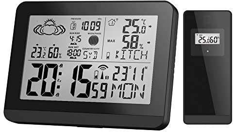 Miraval Moderne Design Funk-Wetterstation mit Aussensensor bennenbar Mondphase Sonnenaufgang Sonnenuntergang 2 Alarme Hygrometer Temperaturanzeige Datumsanzeige Wettervorhersage (Schwarz)