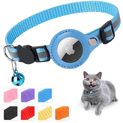 Mouyou Airtag Katzenhalsband,Airtag Halsband Katze Weiches Nylon Reflektierend mit Glocke und Sicherheitsverschluss,Tracking Katzen Halsband mit Halter Airtag Hülle Verstellbar von 22-34cm Blau