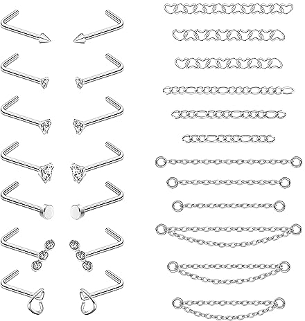 Adramata 26Pcs 20G Nasenpiercing Stecker Chirurgenstahl Nasenring mit Nasenkette für Doppel Nasenpiercing CZ Nasenstecker Gold Silber Nostril Piercing für Damen Herren