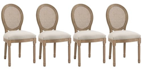 HOMCOM Ensemble de 4 chaises de Salle à Manger Médaillon Style Louis XVI | Chaise de Salon, Bois Massif Sculpté et Patiné, Aspect Lin Beige