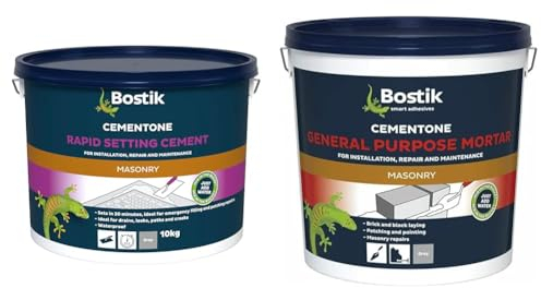 Bostik Cementone Rapid Setting Cement, For Interior & Exterior Use, Waterproof, Colour: Grey, 10kg & Cementone General Purpose Mortar, Pre-Mixed, Easy to Use