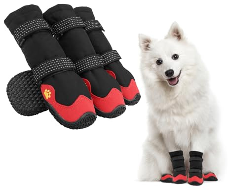 Dog Shoes for Medium Dog Waterproof, 4Pcs Dog Boots for Injured Paws Protectors with Reflective Straps, High Dog Boots Anti-slip Rubber Sole Breathable Walking Dog Shoes for Outdoor (Red, 5#)
