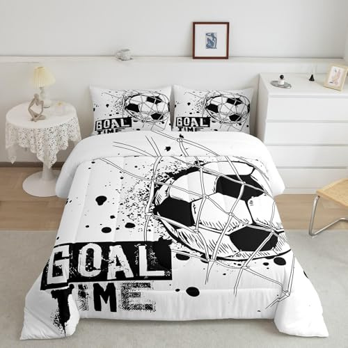Tabeskly Juego de Funda de Edredón para Niños, Negro y Blanco, Diseño de Fútbol, Cremallera Suave, Doble 200×200cm