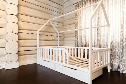 Mandrele - Montessori Bett, Hausbett mit Lattenrost und Schubladen, Rausfallschutz Bett, Bodenbett, Kinderbett, Holzbett mit Bettgestell für Jungen und Mädchen, 90x200 cm, Weiß