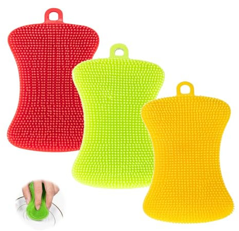 3 Pack Silicone Dish Sponge, Dish Washing Brushes, Kitchen Silicone Sponge Scrubber Non Scratch Multi-functional Cleaning Pads, Reusable Scouring Brush for Washing Vegetable Fruits Bowl Dish Pot Pan