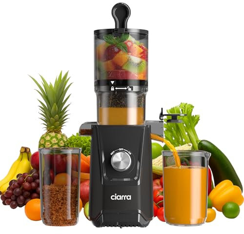 Ciarra AWSJ046-B Exprimidor Lento Canal de Alimentación de 108mm, Extractor de Zumos y Verduras Automático con Alta Pureza, SIN BPA, Slow Juicer Licuadora en frío, 2 Vasos de Zumo-Negro