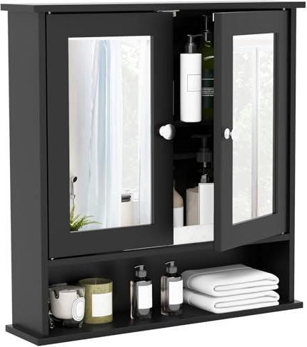 LIFEZEAL Armoire Murale de Salle de Bain avec 2 Portes Miroir, Meuble Suspendu de Rangement avec 3 Étagères, Placard Mural Salle de Bain, Étagère à Hauteur Réglable，56 x 13 x 58 CM (Noir)