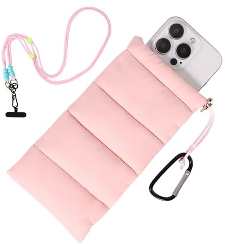 Lyreh Thermal Phone Case, with Lanyard Spring Ring & Phone Connector Warm Pouch Cover to Prevent Freezing Cooling & Overheating for Outdoor Camping Hiking Skiing (Pink)