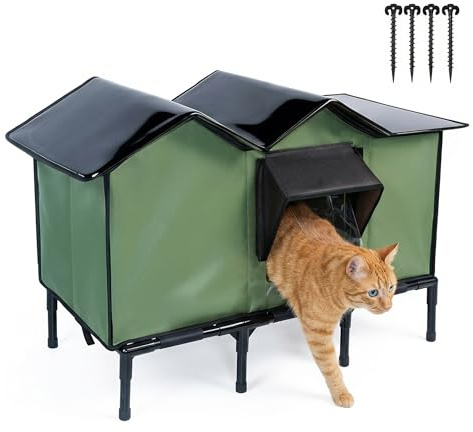 Outdoor Cat House for Feral & Stray Cats, Waterproof Elevated Cat Shelter with Extended Roof, 600D Oxford Fabric Insulated Outdoor Cat Condo with Viewing Window & PVC Frame for All Weather Protection
