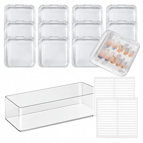Dwitkul 12 stycken nagelförvaringslådor (8,5 x 8,5 cm), 60 dubbelsidig tejp, 1 stor låda set falska naglar, förpackningslådor, press på naglar, stativ, displayställ, nageltryck