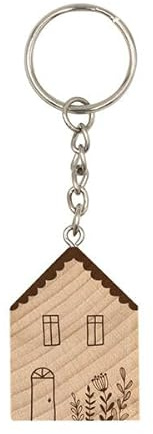 Schlüsselanhänger Haus: aus Holz mit Metallkette mit hochwertiger Gravur aus Holz für Schlüssel-bund oder Taschen-anhänger, als Geschenk oder für sich selbst