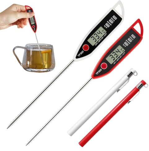 2Pcs Long Probe Meat Thermometer, Digital Instant Read Food Thermometer Temperature measure Waterproof IPX4 for Cooking Kitchen Baking BBQ Making Candle Wax Tea Sugar Jam Hot Drink (Black & Red)