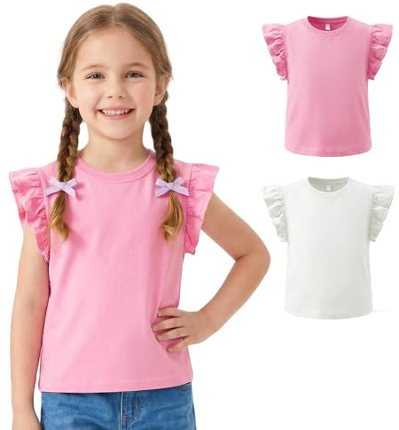 JinBei T-Shirts Fille à Manches Courtes Été Coton Tee, Lot de 2, 3-11 Ans | Col Rond Shirts à Manches Volantées, Confortable Haut Fille Vetement, Mode Tops Chemise Court, pour Sport, École, Loisirs