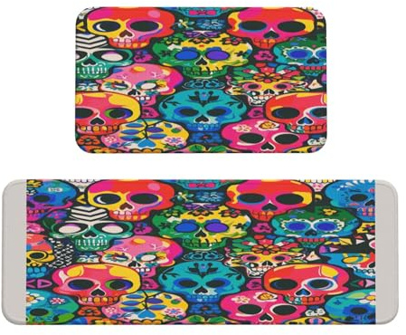 Colorful Skulls Print Kitchen Rugs Set of 2, Cushioned Anti-Fatigue Kitchen Mats for Floor, Waterproof Comfort Standing Mat Absorbent Velvet Kitchen Runner Rugs 17x30+17x47